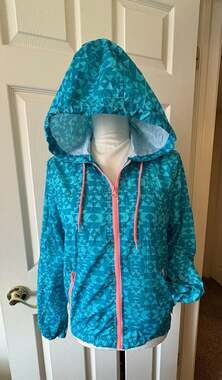 Bongo Women's Hooded Lightweight Windbreaker Jacket Size S Teal Geometric Print